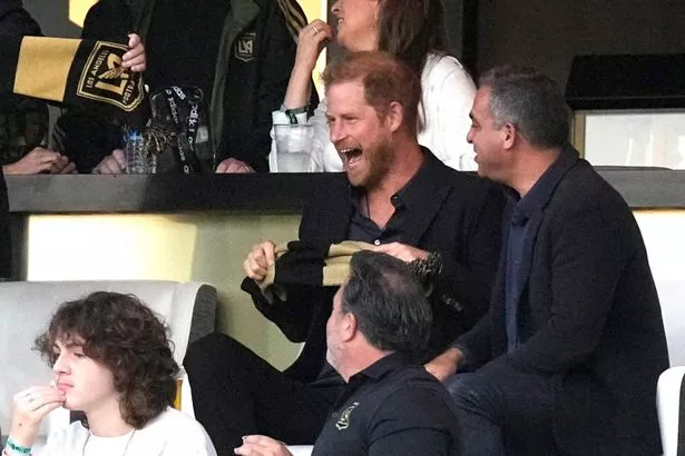 Prince Harry watches during the first half of a Major League Soccer match between Los Angeles FC and Inter Miami Sunday, Sept. 3, 2023, in Los Angeles.