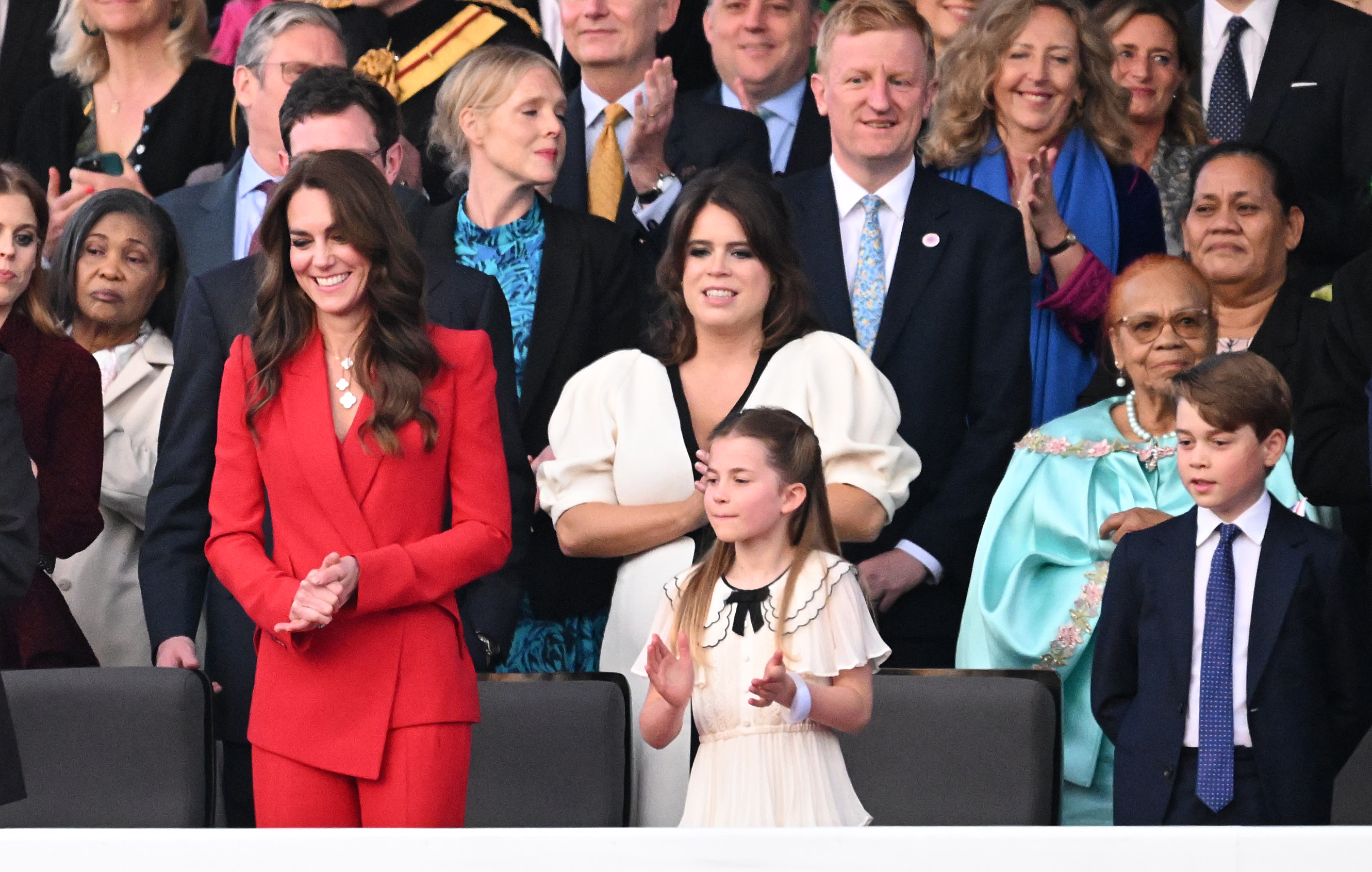 Catherine, Princess of Wales, Princess Eugenie, Princess Charlotte of Wales and Prince George of Wales during the Coronation Concert on May 07, 2023 in Windsor, England.