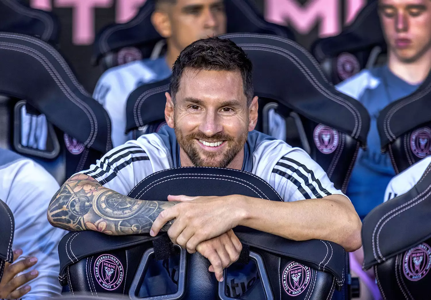 Argentine Lionel Messi, Inter Miami CF player sits on the team bench before the Soccer Leagues Cup match between Cruz Azul and Inter Miami CF outside DRV PNK Stadium in Fort Lauderdale, Florida, USA, 21 July 2023. Soccer Leagues Cup - Cruz Azul vs Inter Miami CF, Fort Lauderdale,