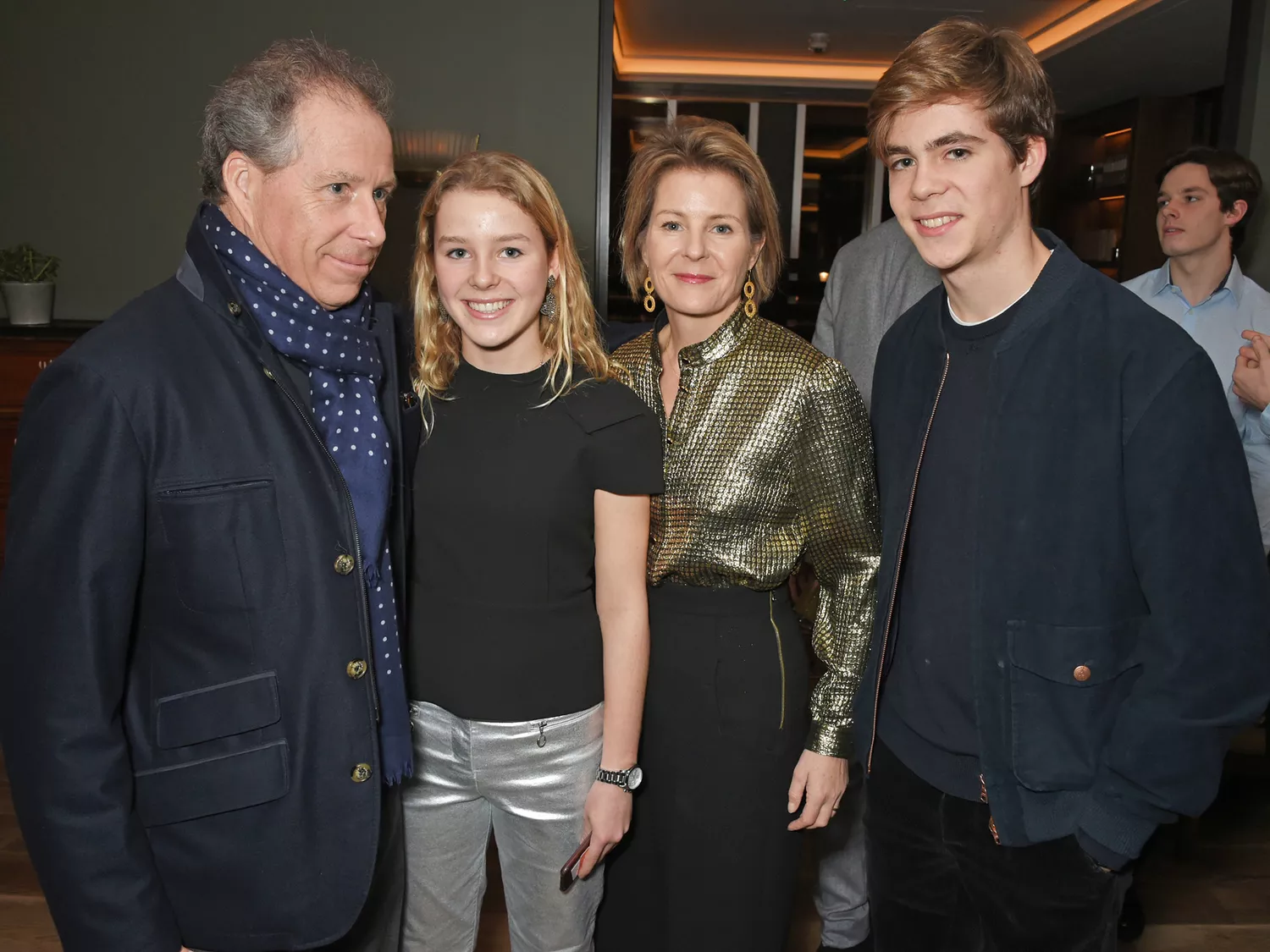 David Armstrong-Jones, Earl of Snowdon, Lady Margarita Armstrong-Jones, Serena Armstrong-Jones, Countess of Snowdon, and Charles Armstrong-Jones, Viscount Linley, attend Alexander Dundas's 18th birthday party hosted by Lord and Lady Dundas on December 16, 2017 in London, England