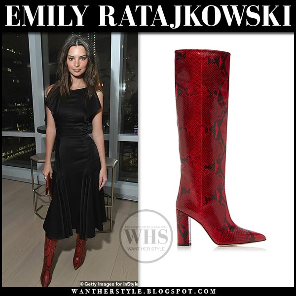 Emily Ratajkowski in red snake print knee boots at InStyle Dinner on March  13 ~ I want her style - What celebrities wore and where to buy it.  Celebrity Style