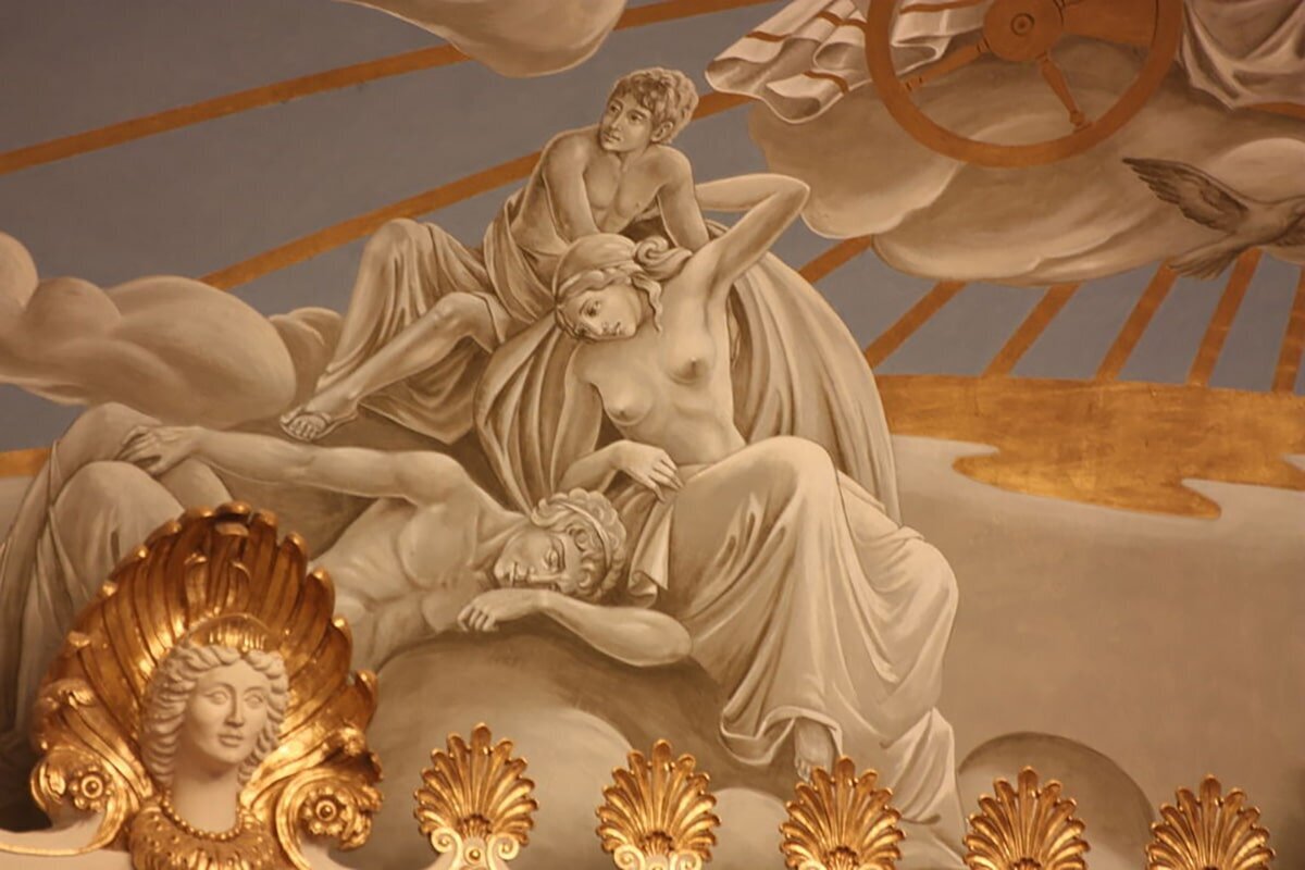 Helios, Selene, and Eos, following the sun carriage, in the mural above the stage of the Friedrich von Thiersch hall in the Kurhaus Wiesbaden, Germany