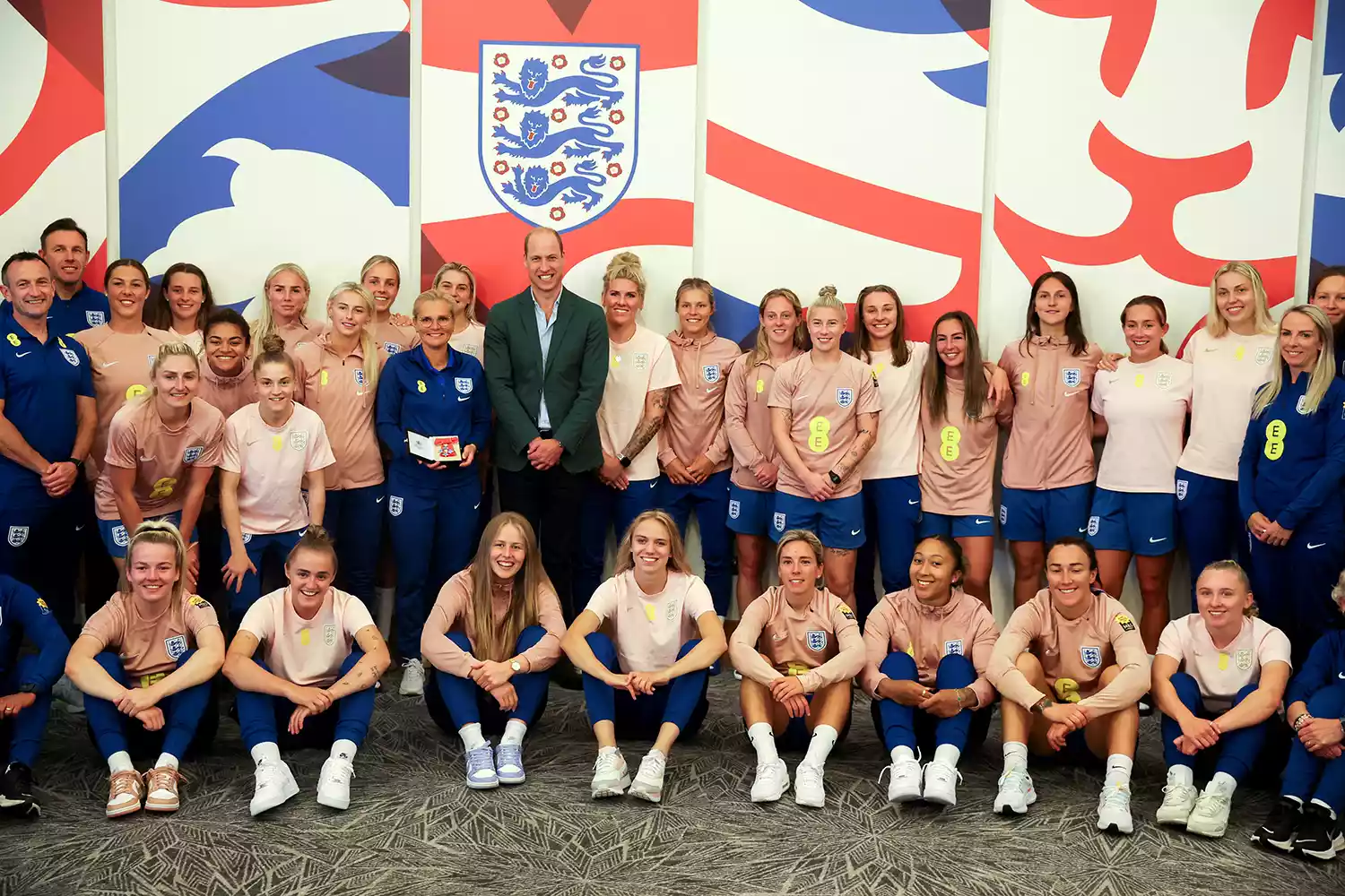 Prince William, Prince of Wales and President of The Football Association, poses with the England team during a visit to England Women's team to wish them luck ahead of the 2023 FIFA Women's World Cup 