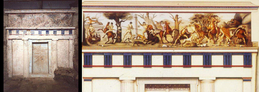 The facade of the tomb of Philip with the enigmatic mural of the hunt