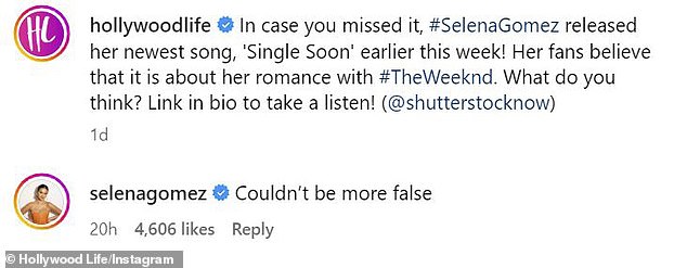 Gomez shut down the rumor about the 33-year-old Grammy winner (born Abel Tesfaye) on a Hollywood Life Instagram post from Sunday, commenting: 'Couldn't be more false'