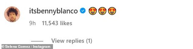 Her boyfriend Benny Blanco commented three smiling faces with heart-shaped eyes emoji