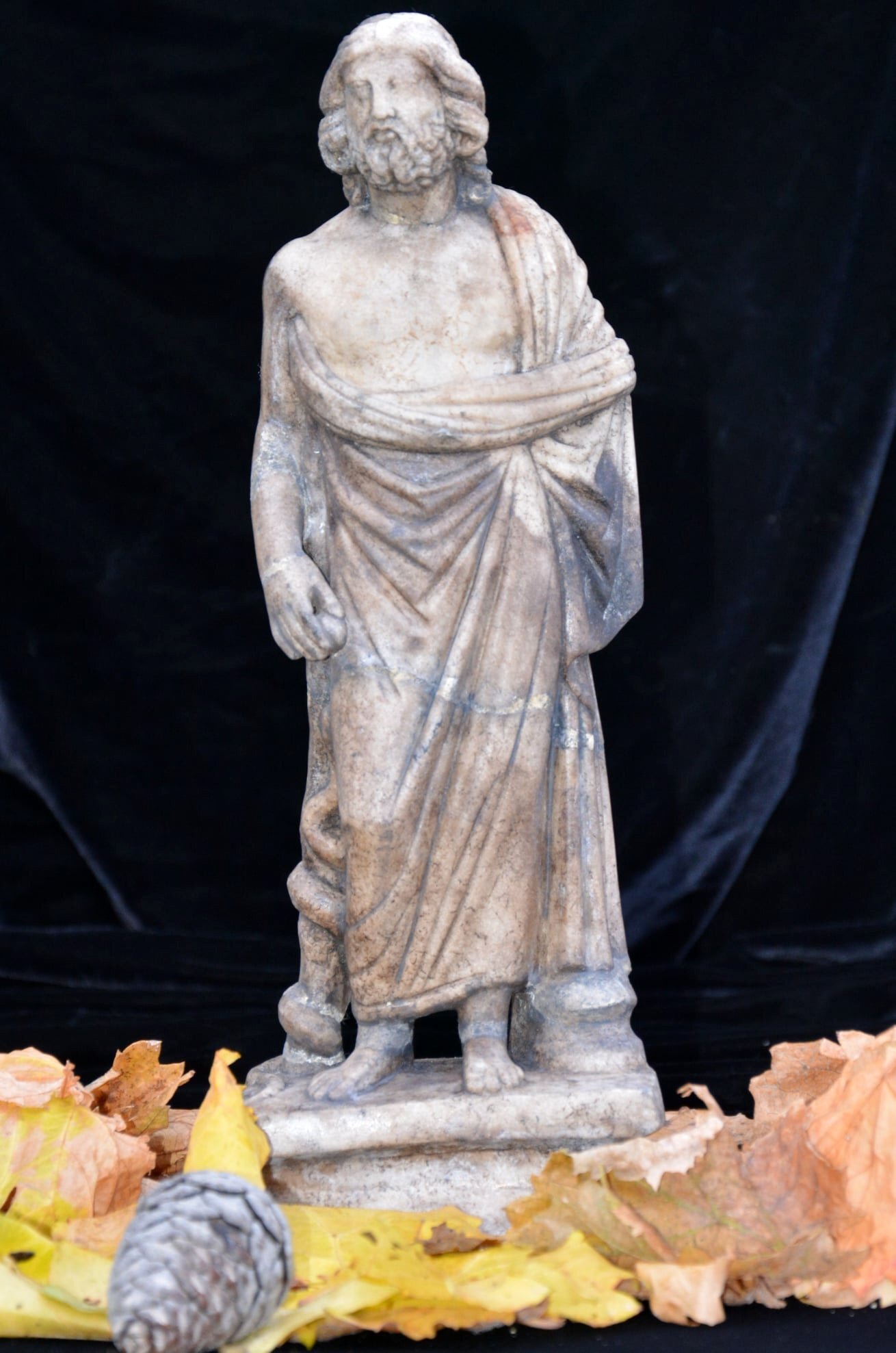 The statue was determined to be depicting Asclepius, evident from his serpent-entwined staff, Jan. 6, 2021. (DHA Photo)