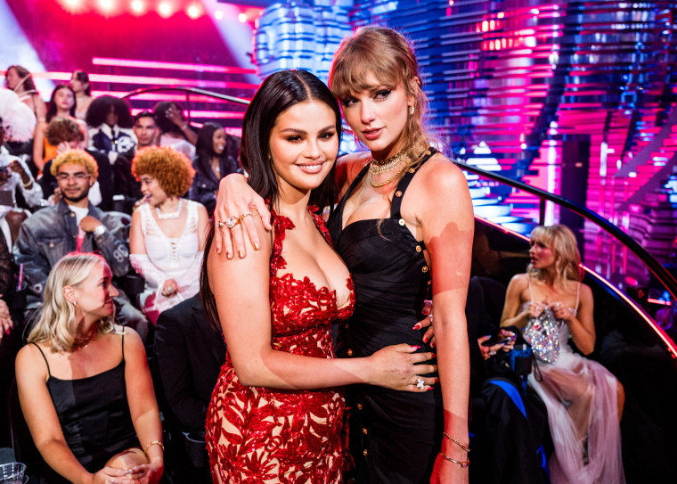 Selena Gomez and Taylor Swift attend the 2023 Video Music Awards at Prudential Center on September 12, 2023 in Newark, New Jersey.