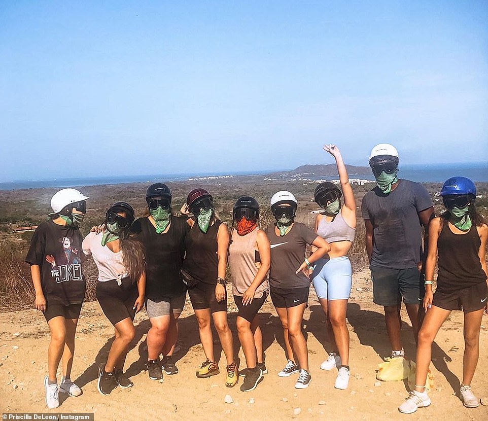 Day out! Earlier on Saturday, the group went ATV riding (Selena pictured far left)