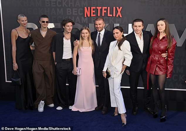 Big night: The couple joined Brooklyn's parents David and Victoria, Romeo and his girlfriend Mia Regan, Cruz and Harper as they all united for the hotly-anticipated premiere