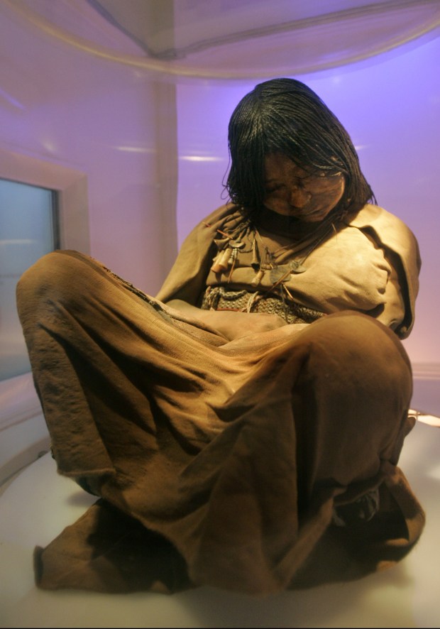 The mummy "La Doncella" or "The Maiden" sits on display...