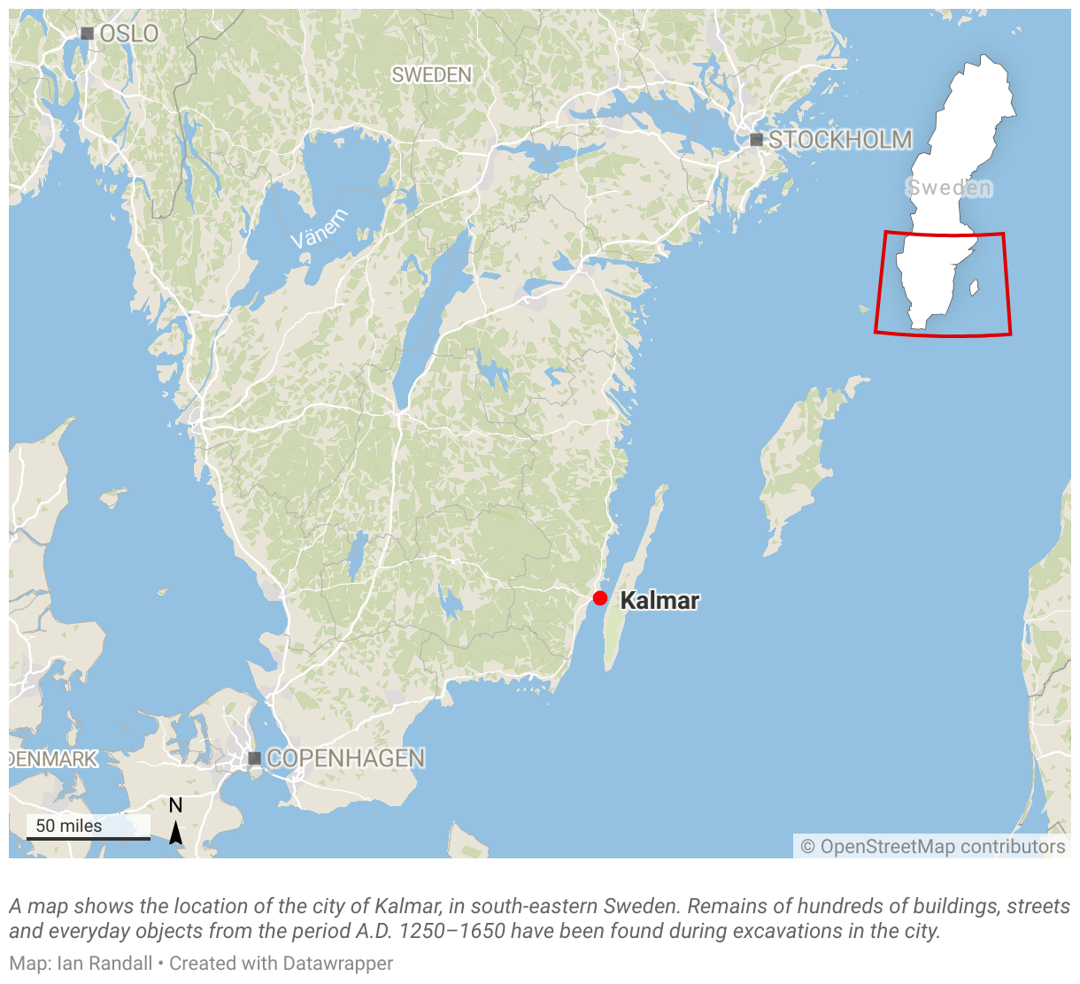 A map shows the location of the city of Kalmar, in south-eastern Sweden.