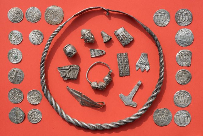 Parts of the silver treasure unearthed in Schaprode, northern Germany. Some of the rings, coins and brooches belonged to the Danish King Harald Bluetooth.