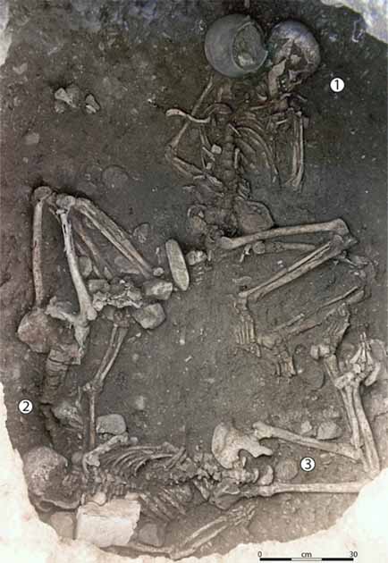 Researchers think that the central skeleton in the grave (marked 1) was an older woman who was buried after dying of natural causes, and that the two other skeletons (marked 2 and 3) were younger sacrificial victims bound "incaprettamento." (Ludes et al./Science Advances)