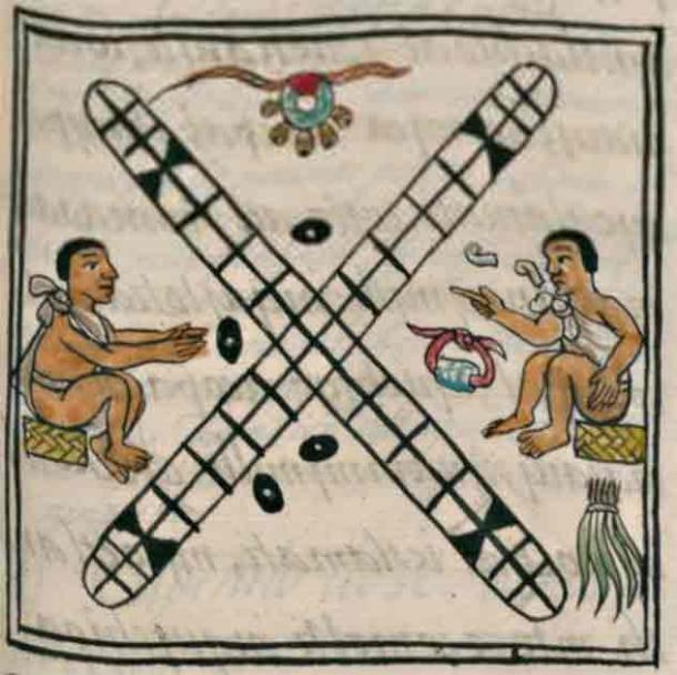 Patolli as depicted in Bernardino de Sahagún's General History of the Things of New Spain. Skilled players had their own game mats and their own playing pieces that they brought in tied cloth bundles. (Public Domain)