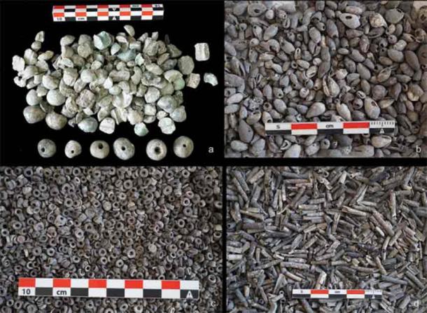 Burnt ornaments from the Burial 20-1 deposit: a) medium spheroid greenstone beads (UC-PV-028); b) Prunum apicinum and other marine shell beads; c) marine shell discs; d) marine shell ornaments. (C. Halperin/Antiquity)