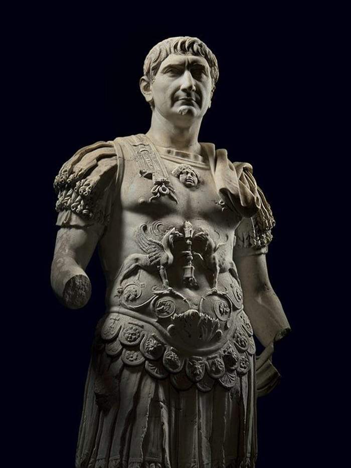 Trajan depicted wearing armour typically used in triumphal parades.