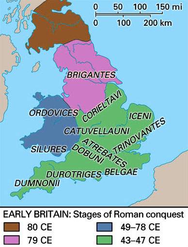 Map showing the stages of the Romans conquest of Britain