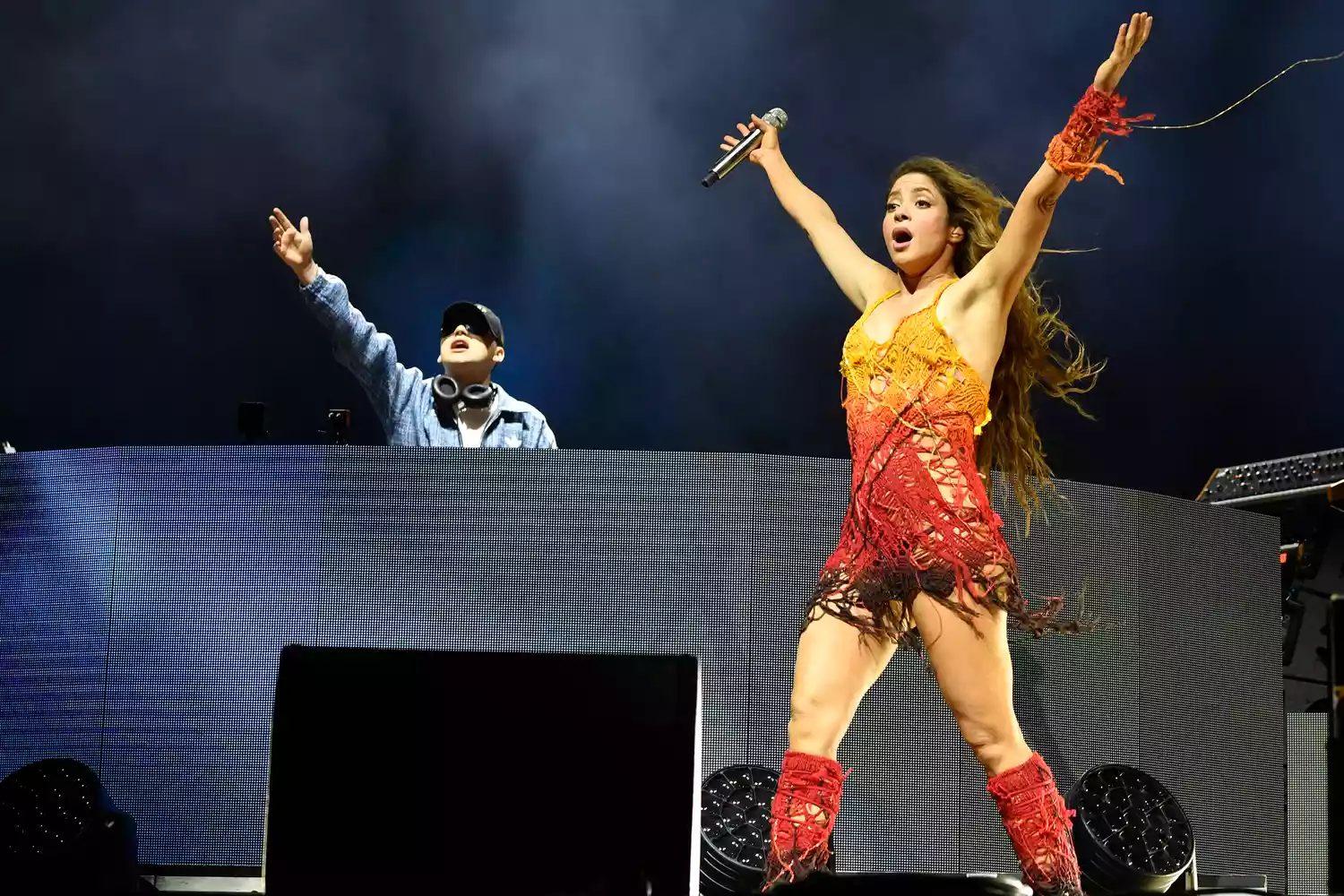 Colombian singer Shakira performs with Argentine record producer and songwriter Bizarrap on the Sahara Stage during the Coachella Valley Music and Arts Festival in Indio, California, on April 12, 2024