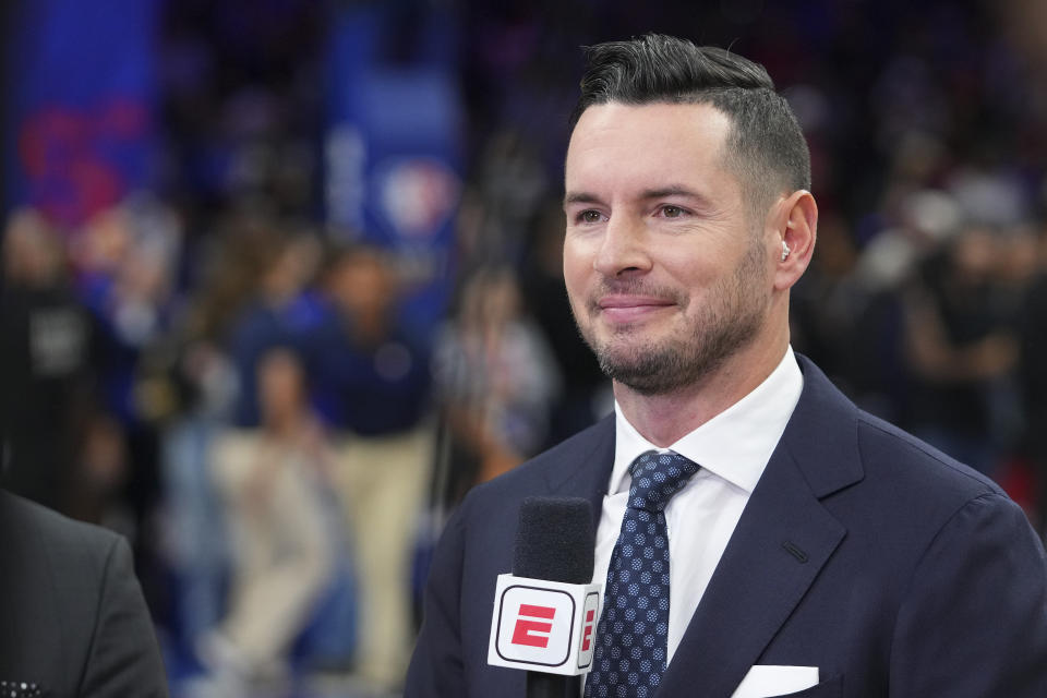 PHILADELPHIA, PA - MARCH 02: ESPN analyst JJ Redick looks on prior to the game between the New York Knicks and Philadelphia 76ers at the Wells Fargo Center on March 2, 2022 in Philadelphia, Pennsylvania. NOTE TO USER: User expressly acknowledges and agrees that, by downloading and or using this photograph, User is consenting to the terms and conditions of the Getty Images License Agreement. (Photo by Mitchell Leff/Getty Images)