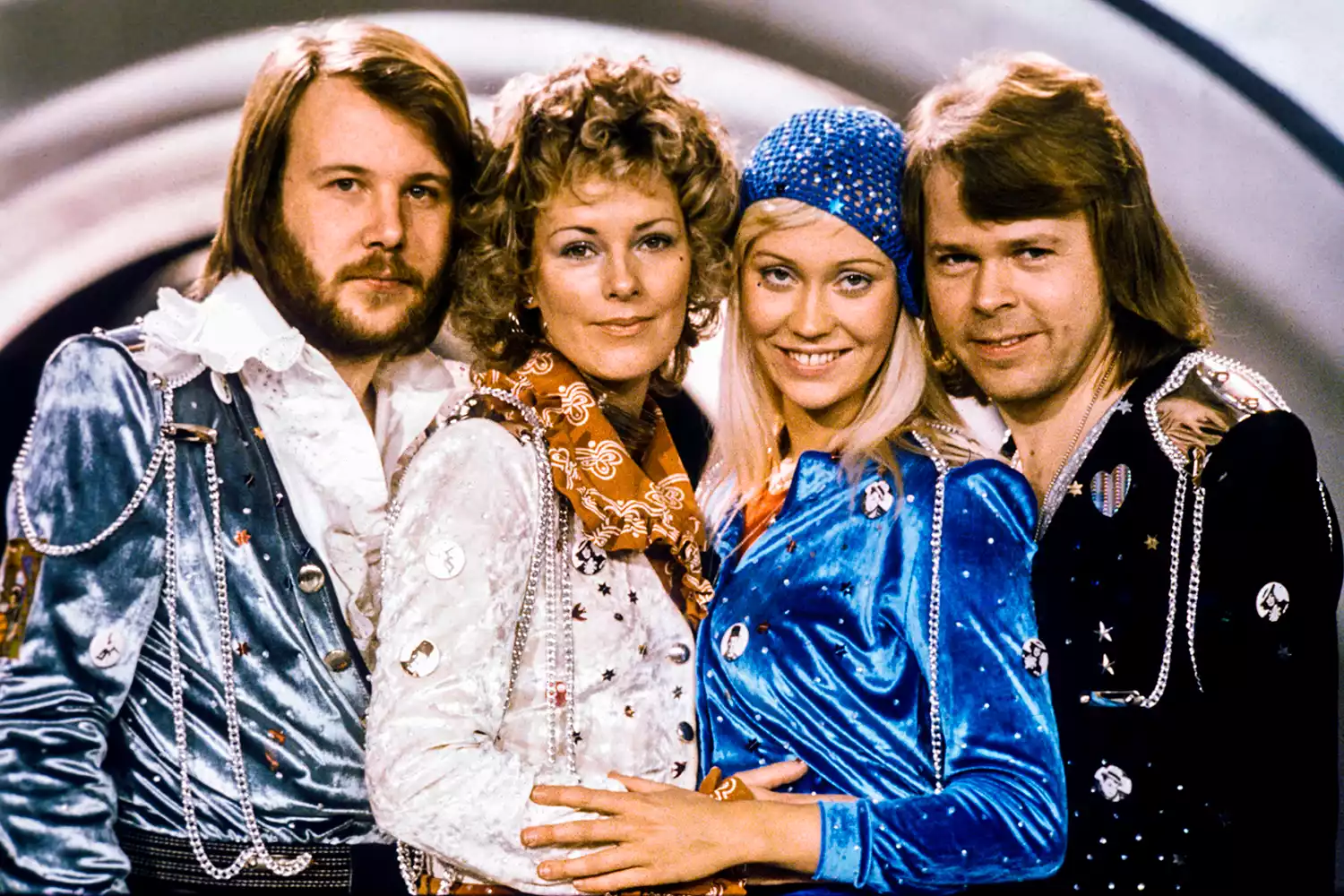 Swedish pop group Abba with its members (L-R) Benny Andersson, Anni-Frid Lyngstad, Agnetha Faltskog and Bjorn Ulvaeus posing after winning the Swedish branch of the Eurovision Song Contest with their song "Waterloo". 