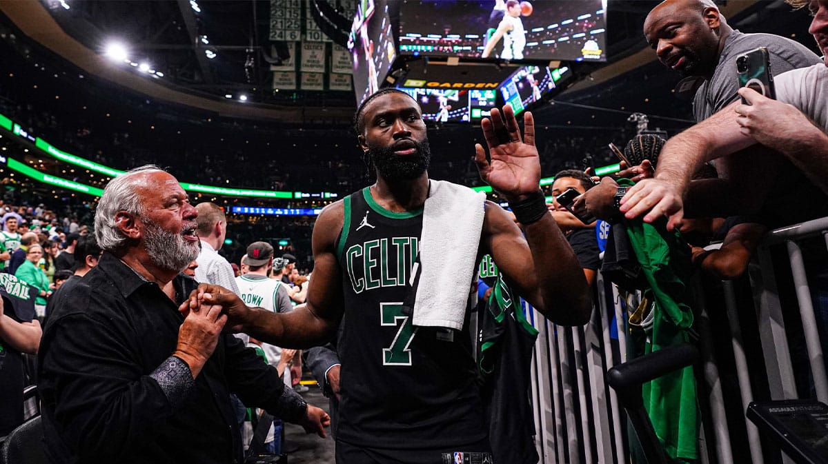 Boston Celtics guard Jaylen Brown (7) exits the court after defeating the Indiana Pacers during game two of the eastern conference finals for the 2024 NBA playoffs at TD Garden.