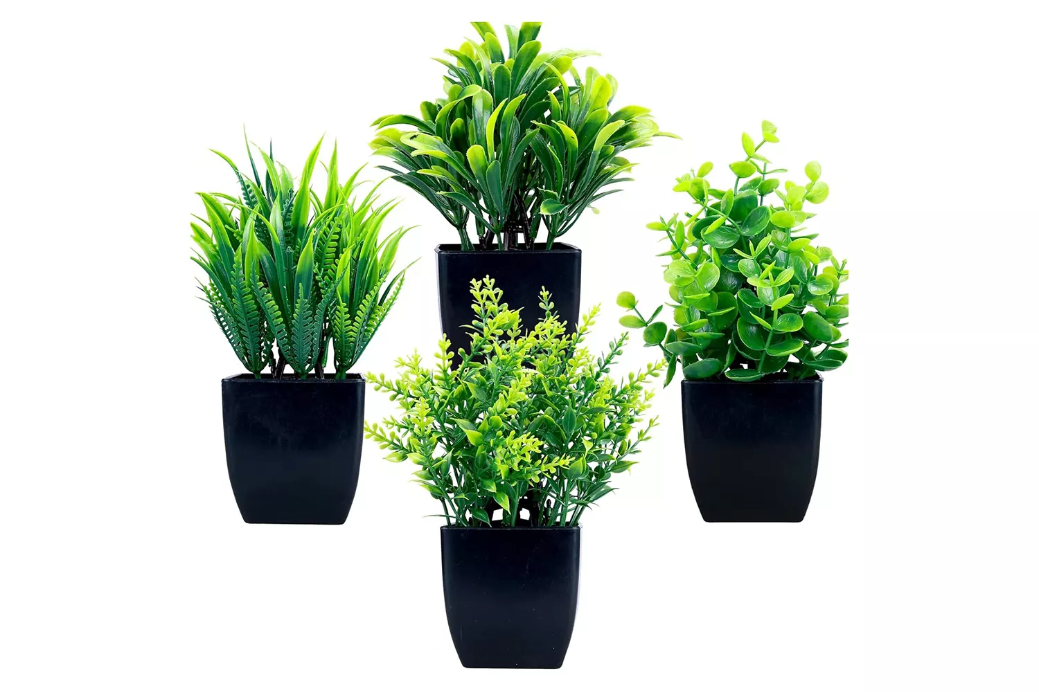 GREENTIME 4 Pack Fake Plants in Black Pot,Mini Artificial Eucalyptus Potted Plant,Small Faux Grass Greenery Potted Plants for Indoor Home Office Farmhouse Bathroom Table Decoration