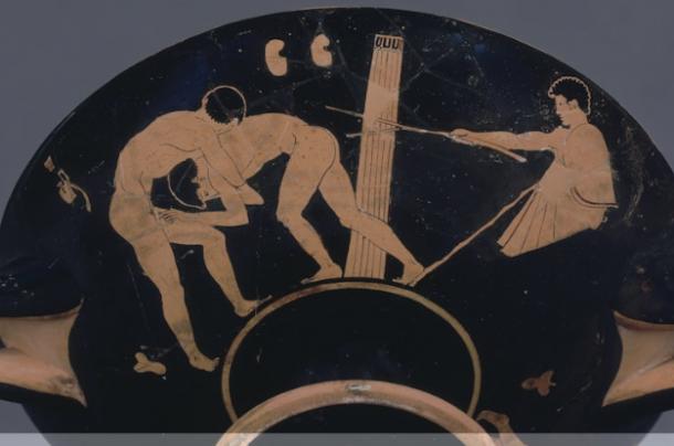 Greek pottery, circa 470BC-460BC, showing athletes wrestling.