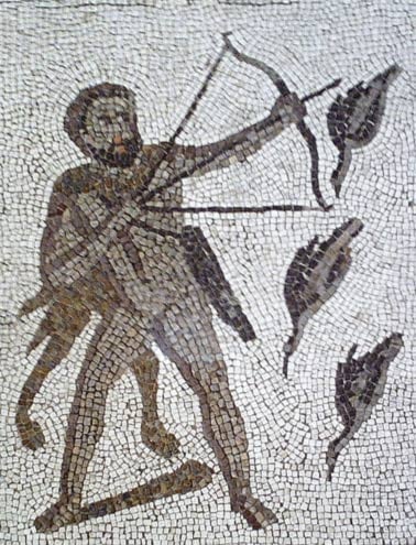 Hercules killing the Stymphalian birds with toxic arrows. Detail of The Twelve Labours Roman mosaic from Llíria