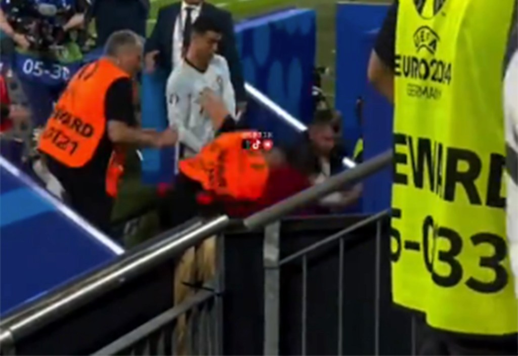 Cristiano Ronaldo narrowly missed being his by a fan at the European Championship on June 26, 2024.