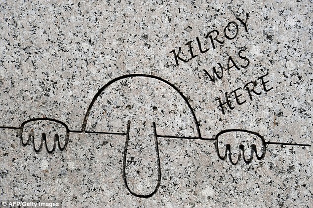 The scene bears a resemblance to Kilroy Was Here grafitti, pictured here engraved on a panel at the World War Two memorial in Washington, DC. It was made famous by US GIs